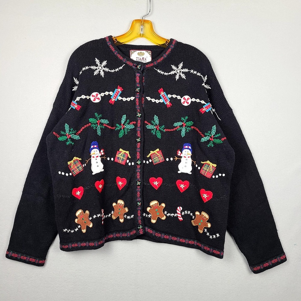 Vintage Tiara International Christmas Sweater Embroidered Beaded Black Women's M